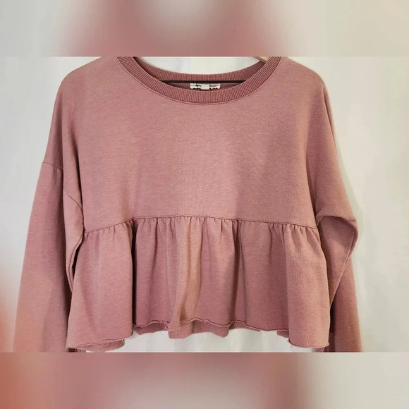Don't Ask Why Womens Cropped Ruffle Sweatshirt Top One Size Muted Rose Pink - Picture 5 of 8